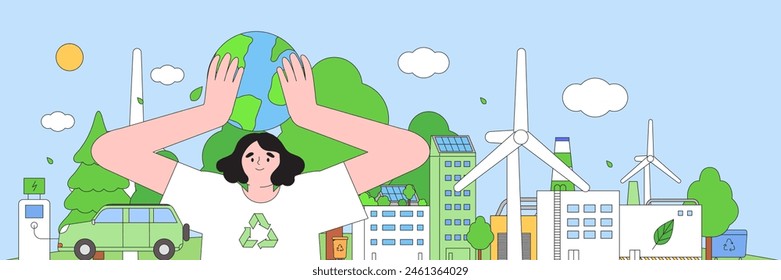 Eco-friendly people hold Earth globe and care about environment. Ecological awareness, esg, sustainable lifestyle. Environmental, Social, Corporate Governance vector illustration banner background.