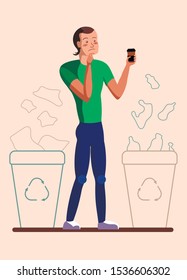 An eco-friendly person decides where to throw a disposable coffee cup. Behind it are two containers for paper and plastic. Cartoon male character. Eco concept, flat design