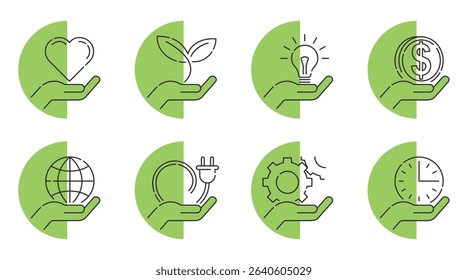 Eco-friendly pictograms set - hand holding diverse symbols. Interacting with globe, plug, gears, time. Also with heart, leaf, lightbulb and money. Web icons collection in thin line and semicircular