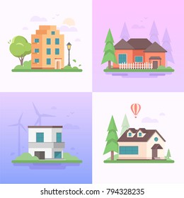 Eco-friendly place - set of modern flat design style vector illustrations on purple background. A collection of four images of different houses, windmills, trees, balloon, clouds, lantern