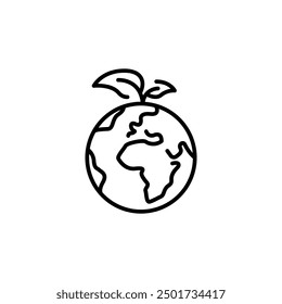 Eco-friendly planet icon. A minimal line art icon featuring the Earth with a sprouting leaf on top. Ideal for content related to environmental conservation, sustainable practices. Vector illustration