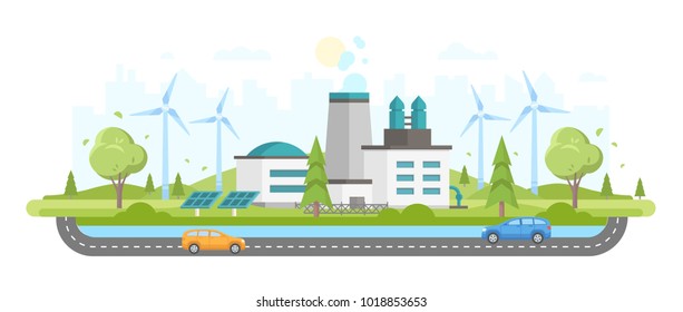 Eco-friendly plant - modern flat design style vector illustration on white urban background. A composition with a big factory, solar panels, windmills, trees, cars on the road