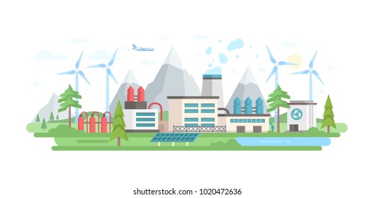 Eco-friendly plant - modern flat design style vector illustration on white background. A composition with a big factory with waste treatment facilities, solar panels, windmills, trees, mountains