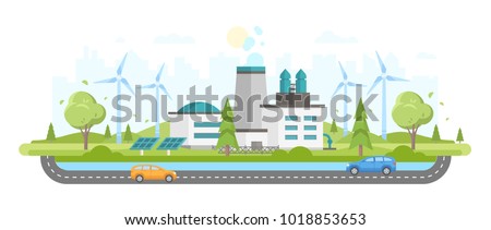 Eco-friendly plant - modern flat design style vector illustration on white urban background. A composition with a big factory, solar panels, windmills, trees, cars on the road