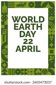 Eco-friendly poster design for World Earth Day on April 22. Green geometric icons and symbols representing sustainability and nature. Vector illustration.