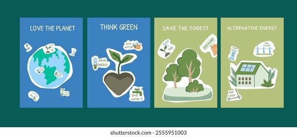 Eco-friendly posters promoting sustainability: love the planet, think green, save the forest, alternative energy. Set of eco posters - flat design.