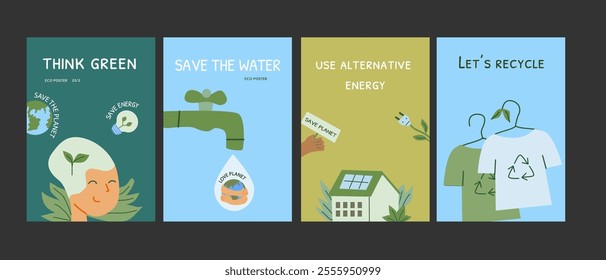Eco-friendly practices: conservation, renewable energy, and sustainable living posters. Set of eco posters - flat design.