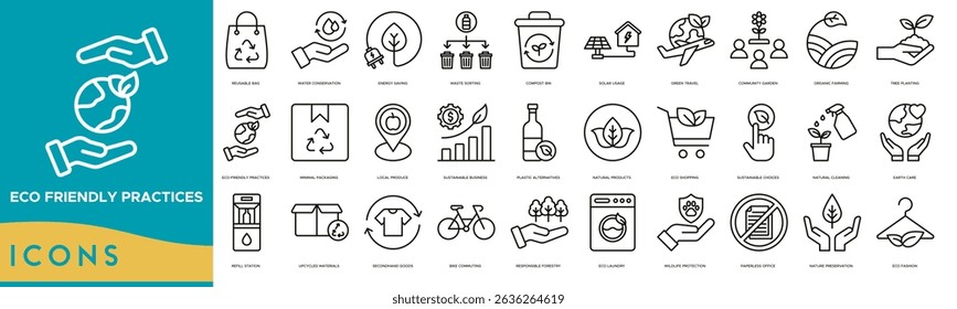 Eco-Friendly Practices icon set. Reusable Bag, Water Conservation, Energy Saving, Waste Sorting, Compost Bin, Solar Usage and Green Travel