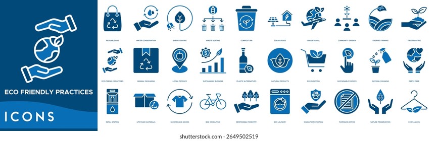 Eco-Friendly Practices icon set. Reusable Bag, Water Conservation, Energy Saving, Waste Sorting, Compost Bin, Solar Usage and Green Travel