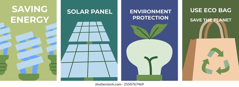 Eco-friendly practices: saving energy, solar solutions, and sustainable living. Set of eco posters - flat design.