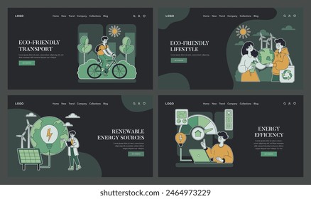 Eco-friendly Practices set. Promoting sustainable transport, lifestyle, renewable energy, and efficiency. Green living for a healthier planet. Vector illustration.