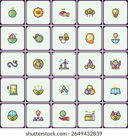 Práticas ecologicamente corretas: um conjunto de ícones temáticos representando soluções de energia verde