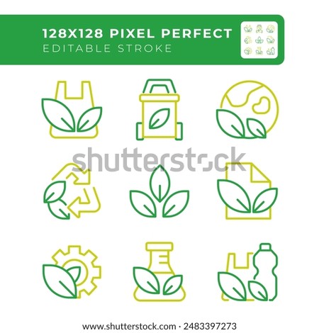 Eco-friendly practices two color line icons set. Recyclable plastic and paper bicolor outline iconset isolated. Waste management. Save planet. Duotone pictograms thin linear. Editable stroke