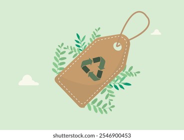 Eco-Friendly Price Tag with Recycling Symbol promoting sustainable and eco-friendly fashion. Sustainable product. Eco-friendly practices in the clothing industry. Vector illustration