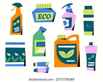 Eco-friendly product packaging collection with colorful bottles, containers, and tubes featuring sustainable and bio-themed designs, perfect for promoting green living and environmental awareness