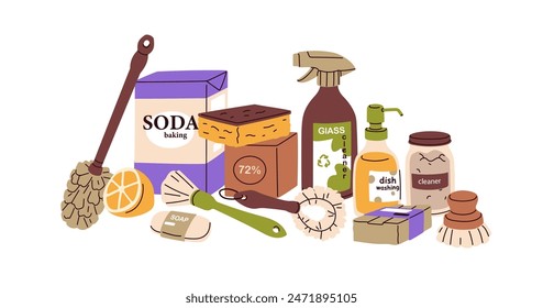 Eco-friendly products, cleaning supplies. Organic natural zero waste produce, composition. Different domestic cleansers, green household tools. Flat vector illustration isolated on white background