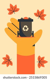 Eco-friendly recycling with hand. Sustainable recycled materials concept. Autumn leaf cleaning season. Invitation to eco events. Flat vector illustration.