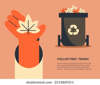 Reciclagem ecológica. Conceito de materiais reciclados sustentáveis. Estação de limpeza de folhas de outono. Convite para eventos ecológicos. Ilustração de vetor plano.