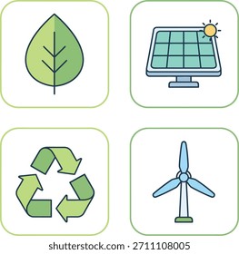 Eco-friendly and renewable energy vector set featuring a leaf, recycling symbol, solar panel, and wind turbine, representing sustainability, clean energy, and environmental conservation.