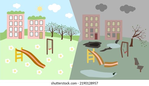 An eco-friendly residential complex with green spaces and a playground with swings and a slide. and broken playground, broken windows, broken tree. The concept of destruction.