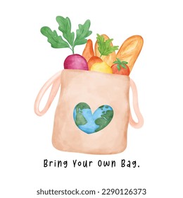 Eco-Friendly reusable fabric tote shopping Bag full of fresh vegetables watercolor hand drawing illustration, bring your own bag.