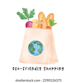 Eco-Friendly reusable fabric tote shopping Bag full of fresh vegetables watercolor hand drawing illustration, bring your own bag.