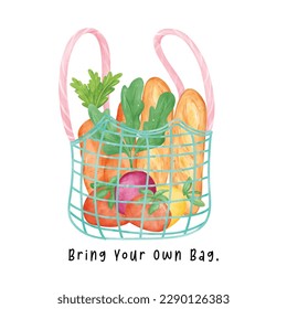 Eco-Friendly reusable shopping Bag full of fresh vegetables watercolor hand drawing illustration.