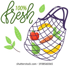 Eco-friendly reusable string bag with products. Zero waste collection. Bio concept, vegan food