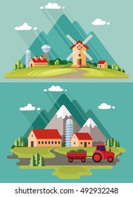 Eco-Friendly, Rural landscape. Agricultural industry, Agriculture mountains in the background. Red tractor with trailer. Flat design style vector illustration set.