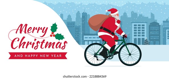 Eco-friendly Santa Claus riding a bicycle and carrying a sack with gifts, copy space with Christmas wishes