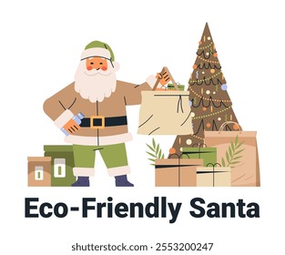 Eco-Friendly Santa holding reusable bags green Christmas tree presents sustainable holiday theme flat design