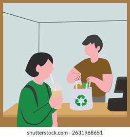 Eco-friendly café scene with reusable shopping bag and drink cup. Promotes sustainability through zero-waste packaging and conscious consumer behavior.
