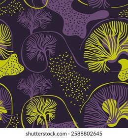 Eco-friendly seamless pattern with decorative leaves and branches, high contrast