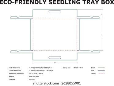 Eco-friendly seedling tray box design layout with dimensions and manufacturing details