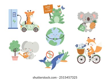 Eco-friendly set with cute animals and earth. Flat cartoon illustration featuring a giraffe, koala, fox, elephant, frog, and whale promoting sustainable living. Isolated on white background.