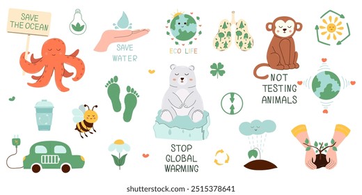 Eco-friendly set with cute animals. Ecological illustrations of saving the planet
 polar bear, octopus, monkey, bee. World Environment Day. Go green and go green. Environmentally friendly concept.