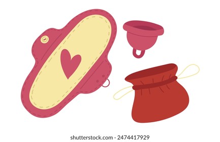 An eco-friendly set of reusable menstruation products - a fabric gasket and a menstrual cup complete with packaging. Feminine hygiene products, a comfortable approach to menstruation. Collection