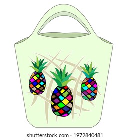 Eco-friendly shopping bag with colored pineapples,fruit,stylized,hand-drawn,art object,pattern for embroidery on needle punching machines,felting wool
