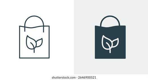 Eco-Friendly Shopping Bag Vetor de ícone. Símbolo de Folha Verde Reutilizável em Estilos de Linha e Sólido