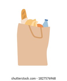 Eco-friendly shopping bag made from biodegradable material. The products are folded in a natural package that does not pollute the environment. Vector illustration.