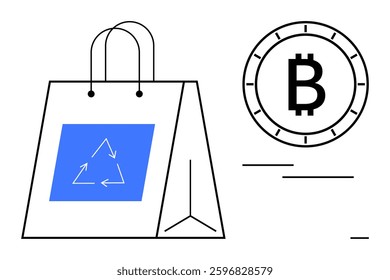 Eco-friendly shopping bag with recycling symbol and minimalist Bitcoin coin design. Ideal for sustainability, e-commerce, cryptocurrency, eco-friendly products, digital payments, online shopping