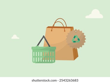 Saco de compras ecológico e etiqueta de reciclagem. Estilo De Vida Sem Desperdício. Contratos públicos ecológicos. Experiência De Varejo Eco. Marcas ecológicas. Ilustração vetorial