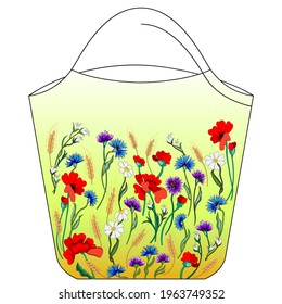 Eco-friendly shopping bag with red  poppies,blue cornflowers,white lilies of the valley,green leaves,yellow wheat,hand-drawn pattern for embroidery on needle punching machines,felting wool
