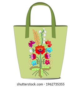 Eco-friendly shopping bag with red  poppies,white lilies of the valley,blue and pink wildflowers,green leaves,yellow wheat,hand-drawn pattern for embroidery on needle punching machines,felting wool