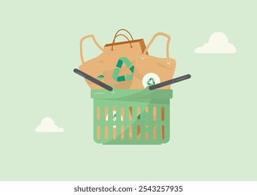 Eco-Friendly Shopping Bags in Green Basket Illustration. Zero-Waste Shopping. Plastic-Free Shopping. Green Marketplace. Sustainable Retail. Vector illustration