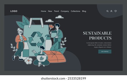 Eco-friendly shopping concept. Consumers choose sustainable products at a green marketplace. Recycling symbol, reusable bag, and organic goods. Vector illustration.