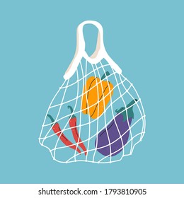 Eco-friendly shopping mesh bags with various vegetables, red pepper and eggplant. Various things from the local market. Colored vector illustration. Cartoon style. Zero waste, plastic free concept