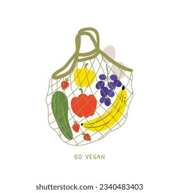 Eco-friendly shopping net bag featuring a variety of products. Embracing zero waste and plastic-free values. Unique items from local markets. Colorful and trendy vector illustration in a charming cart