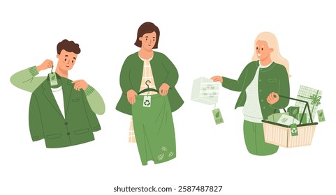 Eco-friendly Shopping people set. Woman with goods in basket, girl with fashionable skirt and man buys on jacket made from recycled material. Sustainable fashion. Vector isolated buyer character