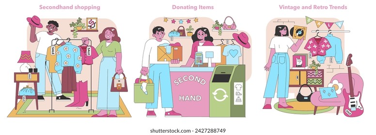 Eco-friendly shopping set. Characters engaging in secondhand shopping, donating goods, and enjoying vintage trends, promoting a sustainable lifestyle. Recycle, reuse, rejoice. Vector illustration.